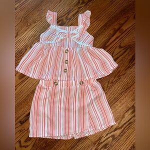 Little Lass Pink and White Striped Outfit with button detailing, bow, skort